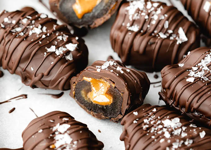 Chocolate Dipped Almond Butter Snicker Stuffed Dates