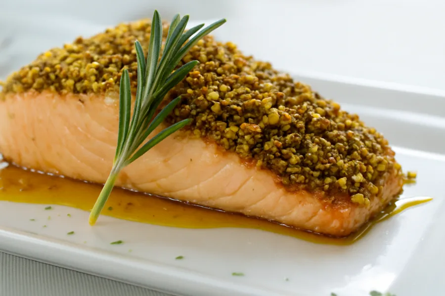 Grilled salmon with pumpkin seed crust